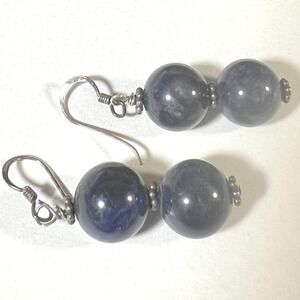 Vintage 925 Sterling Earrings Dark Blue Marbled Beaded Gemstone Dangle Hook 1.5'